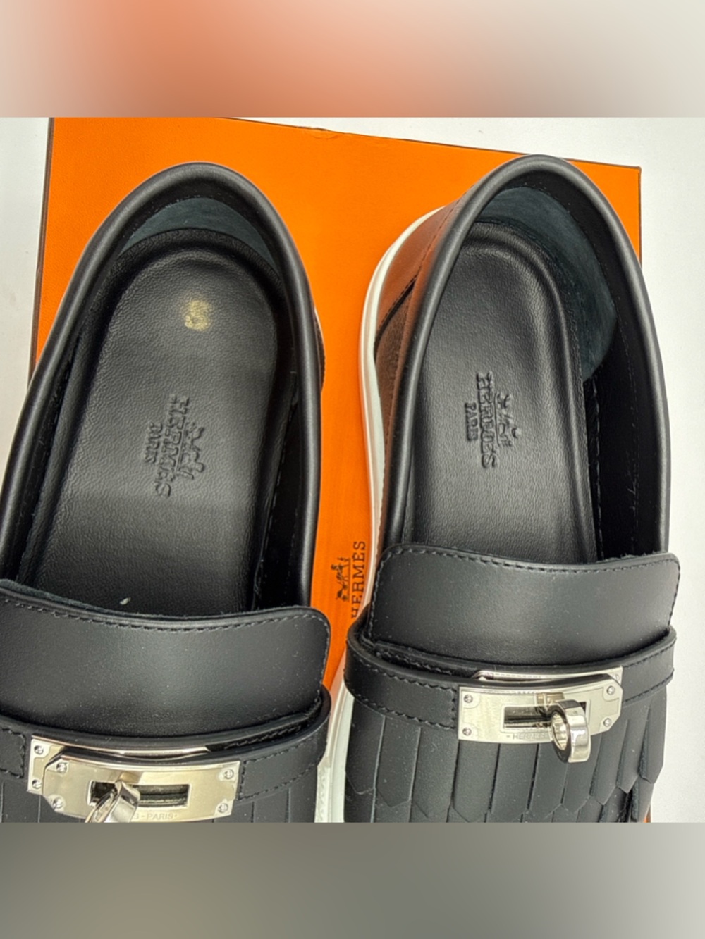 NWB HERMES Epsom Calfskin Game Slip On Fringe Sneakers 37.5 Black - Picture 6 of 12